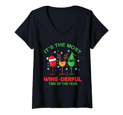 Vino Navidad Alcohol Pijama PJ Divertido Hombres Mujeres Camiseta Cuello V