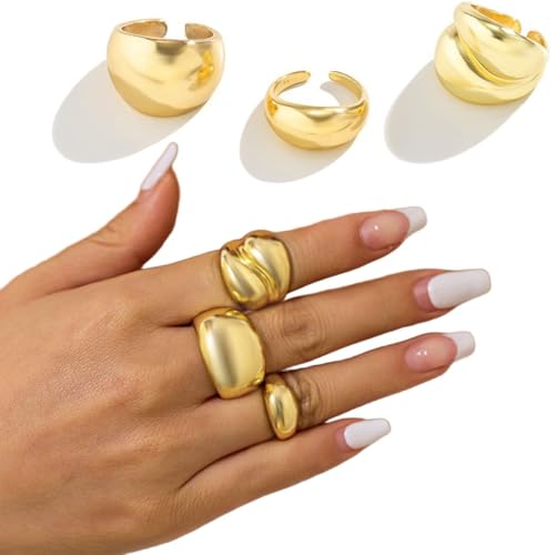 JEYORZY 3 Pcs Anillo de Mujer de Acero Inoxidable, Anillo Vintage Ajustable, Anillo Ppilable, Conjunto Abierto en Oro, Anillos de Oro Gruesos para Mujer, Anillos Delicados, Anillo de Chica