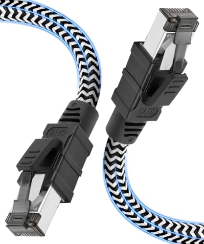 Qiuean Cat 8 Câble Ethernet,7M Nylon 40Gbps 2000MHz Câble Ethernet Haute Vitesse, Cordon de Brassage S/FTP Avec Connecteur Rj45 Nickelé Pour Ps5 / Ordinateur Portable/Routeur/Jeux/Modem