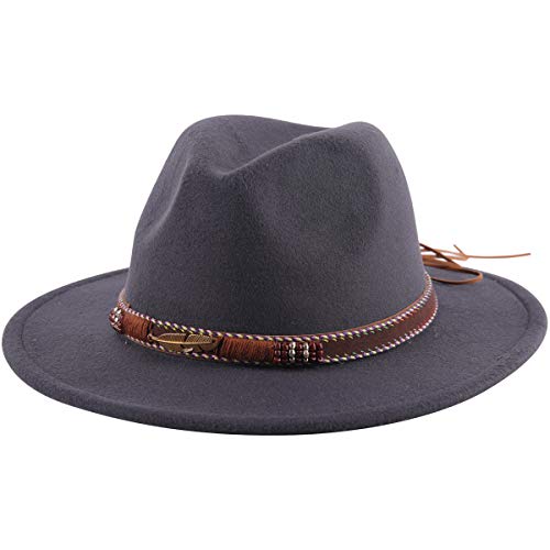 Lanzom Women Men Retro Style Wide Brim Panama Hat Belt Buckle Wool Fedora Hat (B-Dark Grey, M)