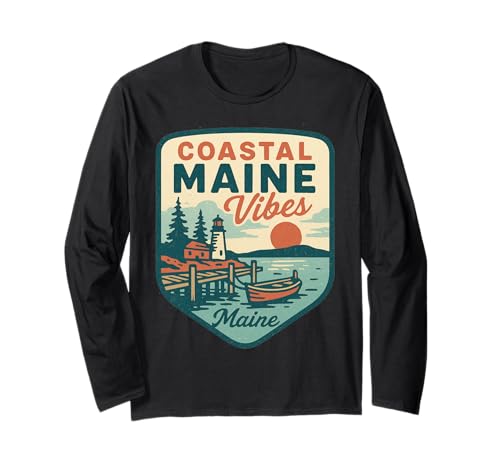 Coastal Maine Vibes Chemise Ocean Lighthouse Retro Sunset Manche Longue