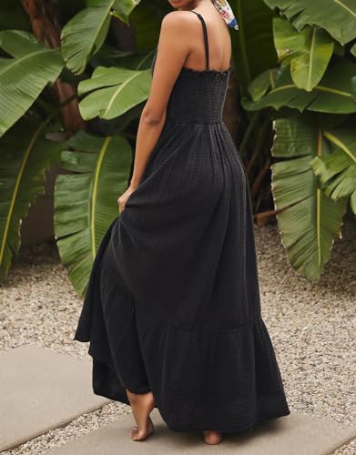 Image of R.Vivimos Womens Summer Boho Cotton Maxi Dress Adjustable Spaghetti Strap Elastic Smocked Casual Ruffle Hem Flowy Beach Dress