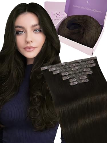 Fshine Clip in Hair Extensions Human Hair Dark Brown Hair Extensions for Women Add Length Volume 20 Inch 120 g 7 pcs