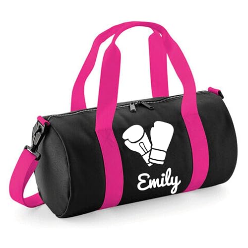Image of Personalised Boxing Gloves Barrel Bag Sports Holdall for Kids & Adults, 12L Durable Gym Bag Training Kit Bag, 20x20x40cm Stylish Sports Equipment Storage - Black/Hot Pink