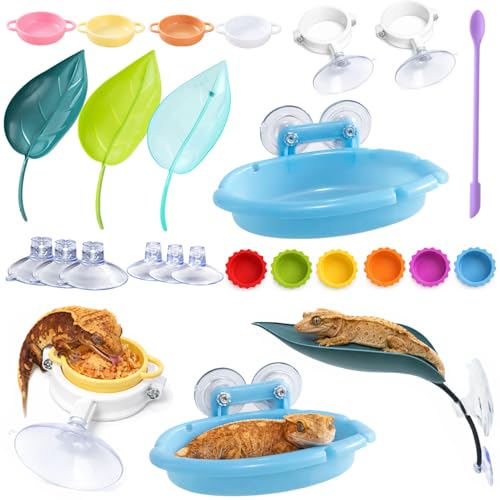 17Pcs Crested Gecko Tank Accessories Kit – Feeding Ledge with Strong Suction Cups, Blue Hideout Tray, Plastic Feeding Bowl, 6 Cresteds Geckos Cups & Crested Gecko Spoon by Enochainchin - Used condition - US$12.02