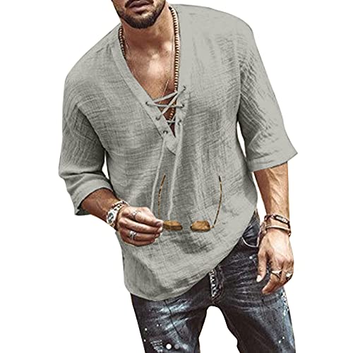 Men's Fashion Shirt Short Sleeve Beach V-Neck Drawstring Solid Color Yoga African Summer Top Solid Gray 2Xl #TOP1