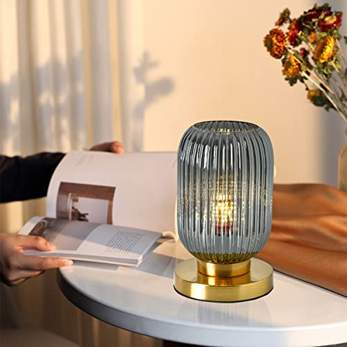 Auwieou Bedside Table Lamp Mid Century Glass Table Lamps Modern Globe Table Lamp Gold Desk Lamp Nightstand Lamp With Pumpkin Design With Ribbed Glass Shade For Bedroom Living Room Office (Smoke Gray) #TOP3