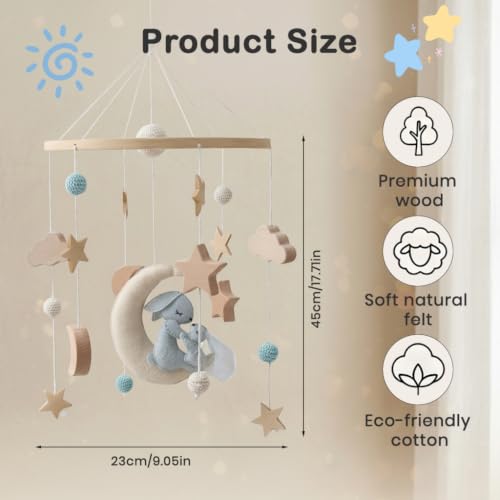 Image of SNOWIE Soft Crib Mobile Felt Bunny Clouds Stars Leaves Bells Without Arm