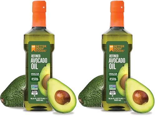 BetterBody Foods Refined Avocado Oil, Non-GMO Cooking Oil, Kosher, Keto and Paleo Diet Friendly, for High-Heat Cooking, Frying, Baking, 100% Pure Avocado Oil, 500 mL, 16.9 Fl Oz (Pack of 2)