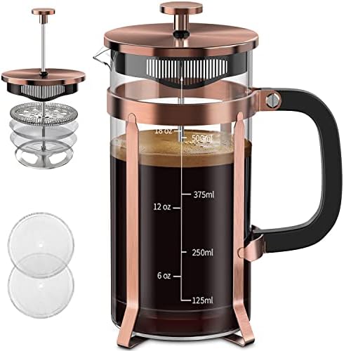 QUQIYSO French Press Coffee Maker 304 Stainless Steel French Press with 4 Filter, Heat Resistant Durable, Easy to Clean, Borosilicate Glass Coffee Press, 100% BPA Free Glass Teapot, 21 ounce, copper