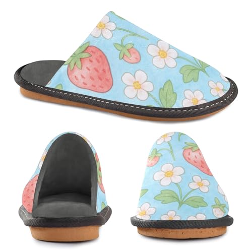 JUNZAN Strawberry with Floral Memory Foam Slippers for Women Men House Slippers for Bedroom Indoor3