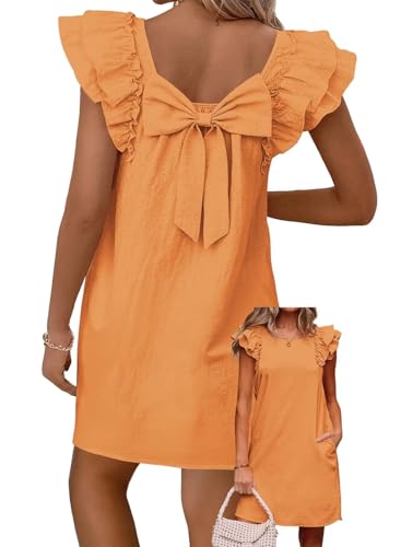 Image of Falechay Womens Summer Dresses Bow Tie Back Sundresses for Women Ruffle Short Sleeve Dress Casual Cute Sundress with Pockets