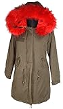  Italy Donna Damen echt Fell Raccoon Pelz Kapuze Kragen lang Jacke XXL Winter Jacke Parka Mantel warm GEFÜTTERT 36 38 40 42 44 S M L XL Khaki Rot Anorak (40)