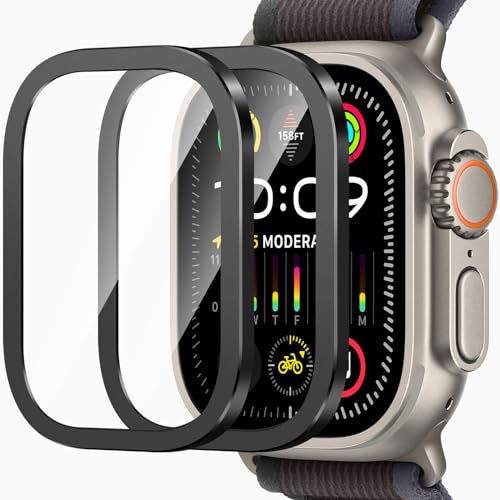 ZZDZZ 2 stuks voor Apple Watch Ultra 2/Ultra schermbeschermer 49 mm, aanraakgevoelig, frame van titaniumlegering, krasbestendig, HD gehard glas, beschermende glasfilm voor iWatch 49 mm (zwart)