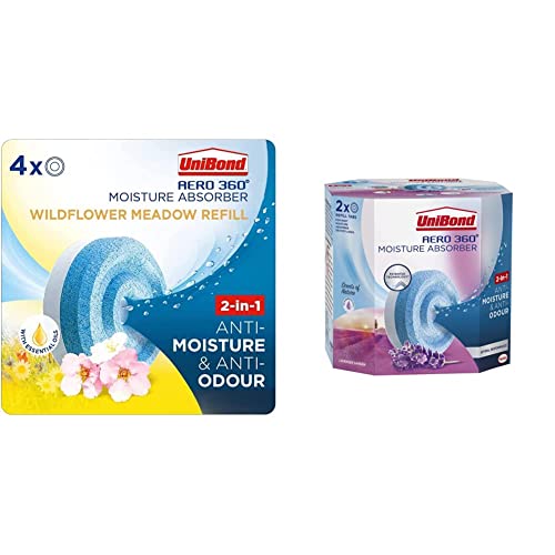 Image of Unibond AERO 360° Moisture Absorber Wildflower Meadow Refill Tab,Four Pack (4x450g),2851729,White and Blue & AERO 360° Moisture Absorber Lavender Garden Refill Tab, Twin Pack (2 x 450g)