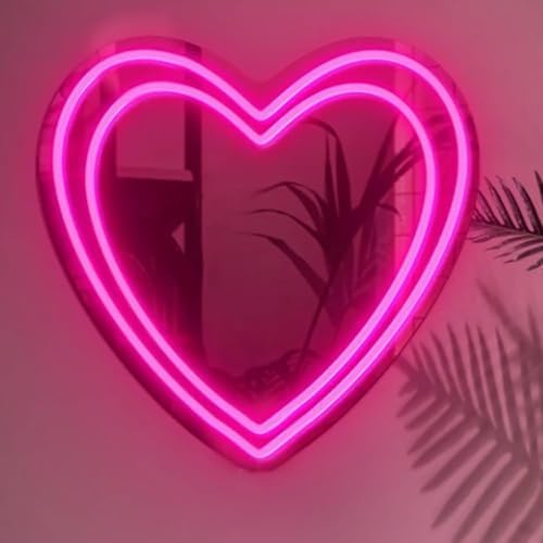 Double Heart Neon Sign Pink LED Mirror Neon Wall Decor Romantic Lighting for Wedding Decoration, Makeup Mirror, Home Decor and Wedding Birthday Party Decorations
