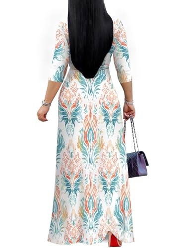 Image of PinkPatty Plus Size Maxi Dress for Women Casual V Neck 3 /4 Sleeve Boho Printed Long Dress with Pockets