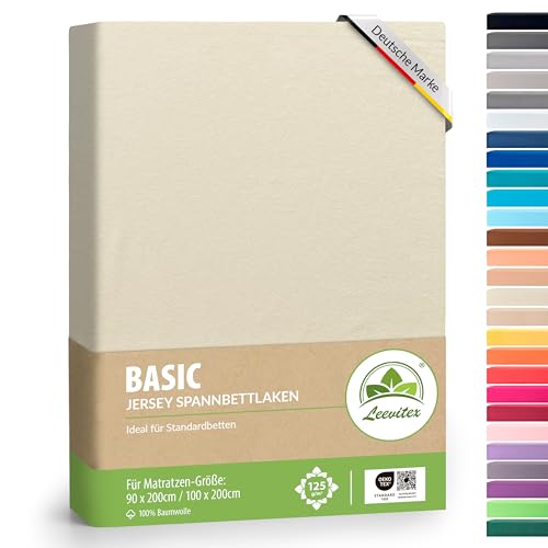 leevitex® Spannbettlaken 90x200cm - 100x200cm | Spannbetttuch Bettlaken | 100% Jersey Baumwolle | Matratzenhöhe bis 25 cm | Öko-tex | Creme/Naturweiß