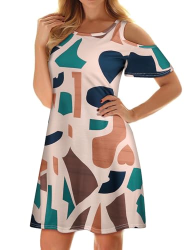 Image of Misyula Style Womens Summer Cold Shoulder Floral Flowy T-Shirt Dress with Pockets
