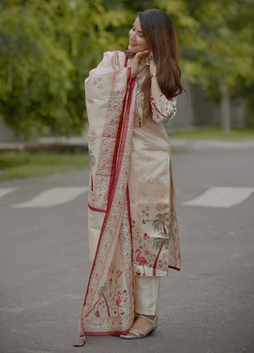 Image of VredeVogel Women's Beads Embroidered Silk Blend Kurta Pant Set with Organza Dupatta | Perfect for Festive & Casual Ethnic Kurta Set for Women