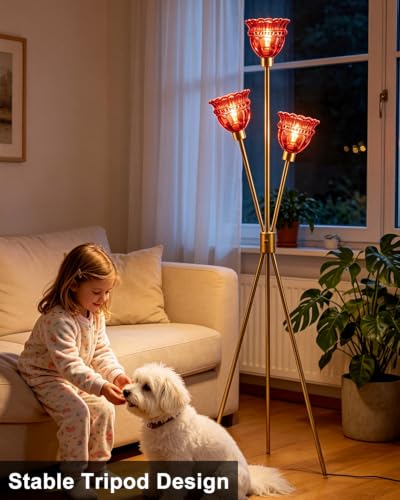 Image of Lightdot 3-Lights Glass Tripod Floor Lamp Gold Dimmable Floor Lamps with 3000K Warm White Bulbs for Wedding Party 62IN Tall Standing Lamp with Deep Red Glass Shade for Living Room /Bedroom /Home Decor