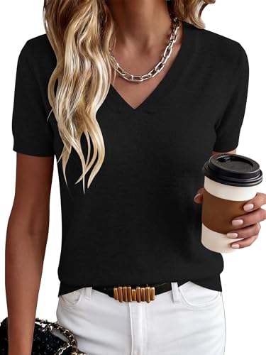 ANRABESS Women Short Sleeve Sweaters Wool Blend V Neck Sweater Shirts Business Casual Work Tops 2026 Summer Vacation Outfits Black Medium