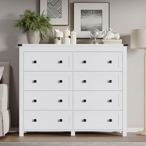 Image of BORNOON Tall 8-Drawer Dresser, Modern Wooden Storage Chest of Drawers, Dresser TV Stand, Wood Drawer Organizer with Metal Handles for Bedroom, Living Room, Hallway