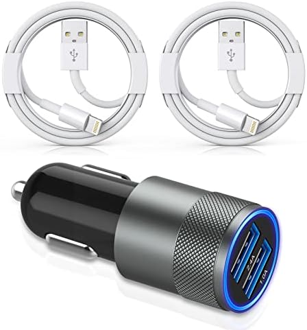 [Apple MFi Certified] iPhone Car Charger,3.4a Fast Charge Dual Port USB Cargador Carro Lighter Adapter USB Car Charger iPhone Metal Cigarette Lighter [2Pack] Lightning Cable for iPhone/iPad/Airpods