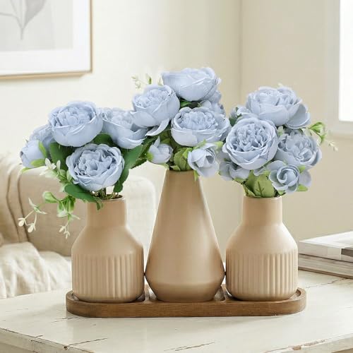 Nagobi Flower Table Centerpiece - Dining Table Centerpiece Decor Set of 3 Fake Peonies in Ceramic Vases & Wood Tray Modern for Kitchen Island Living Room Coffee Table Home Decor (Blue)