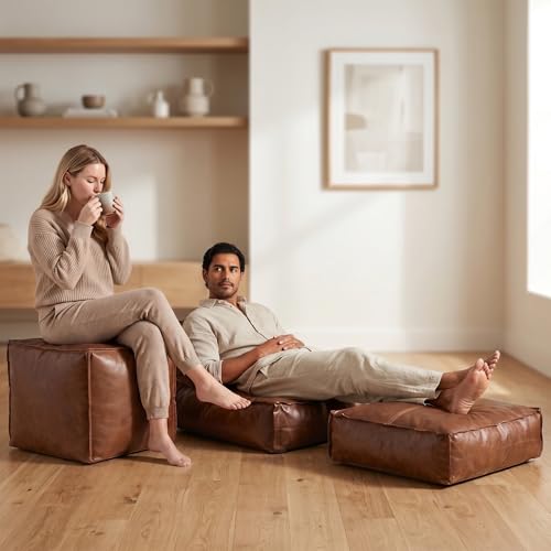 Elfzone Leather Pouf - 2pcs Wash-Free Tech Fabric Pouf Unstuffed Ottoman Moroccan Footstool, Floor Footrest Cushion, Storage Solution, Natural Orange Color Unstuffed Faux Leather Cover (Brown) by Elfzone - Used condition - Image 3