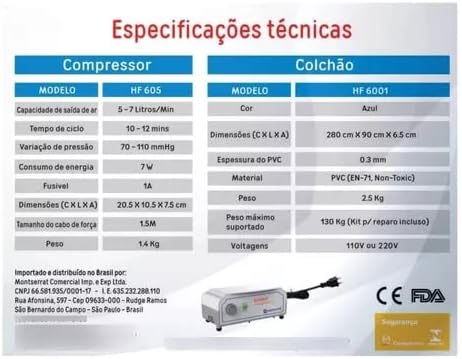Technical specifications table for Airbed HF605 compressor and HF6001 mattress