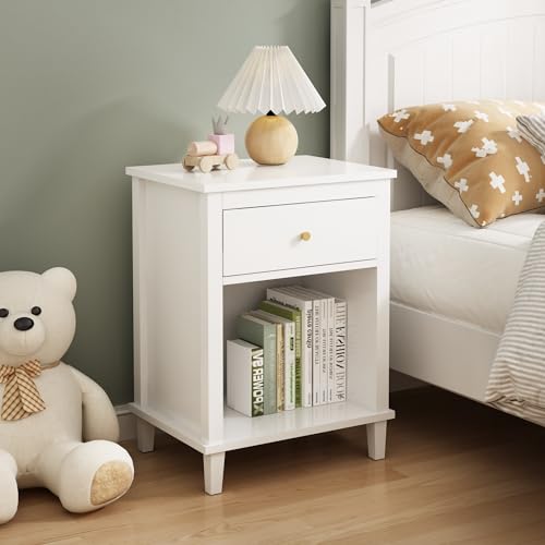 Kids Nightstand Modern Kids Bedside Table with Drawer & Open Storage Shelf Wood End Side Table Toddler Nightstand for Bedroom Living Room (White)