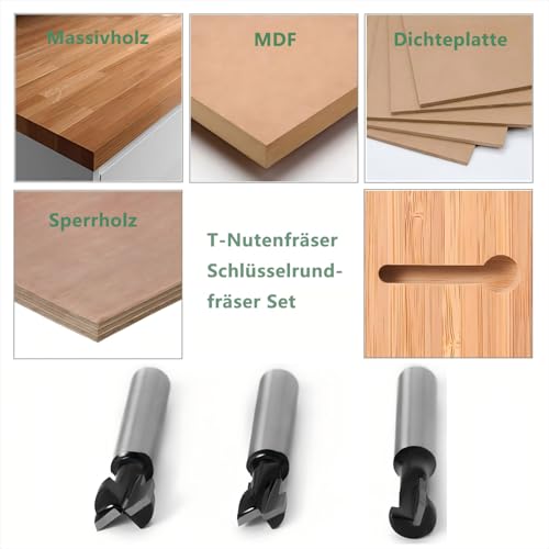KEWAYO Fräser Schaft, 3 Stücke Fräser Set, T-Nutfräser T-slot & T-Track Slotting, Fräsen Werkzeug Set,6.35m Schaft Cutter Router,Oberfräse Fräser, T Nut Fräser Router Bit Set