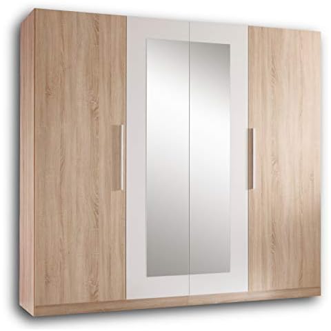 Stella Trading MARTINA Schlichter Kleiderschrank 4-türig - Vielseitiger Drehtürenschrank mit zwei Spiegeltüren in Eiche Sonoma Optik Cover