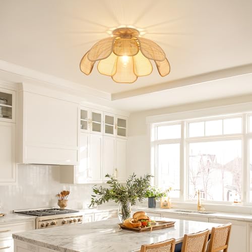 Image of 20 Inch Boho Flower Ceiling Light Flush Mount Rattan Light Fixture