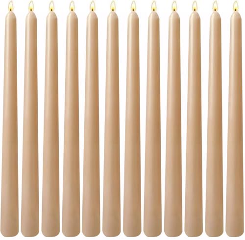 12-Pack Light-Mocha Taper Candles, 10 Inch Unscented Dripless Candlesticks, Long-Lasting Burn Time of 7-8 Hours, Perfect for Home Décor, Weddings, and Events
