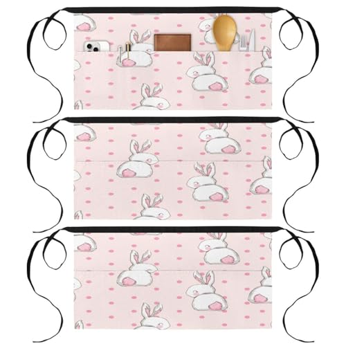Lot de 3 tabliers courts de chef à motifs lapins et pois roses avec 3 poches
