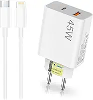 Carregador Turbo 45W Dual Port USB-C e USB-A com Cabo Premium USB-C Compatível com Iphone 8 até 14 e IPad, Homologado Anatel