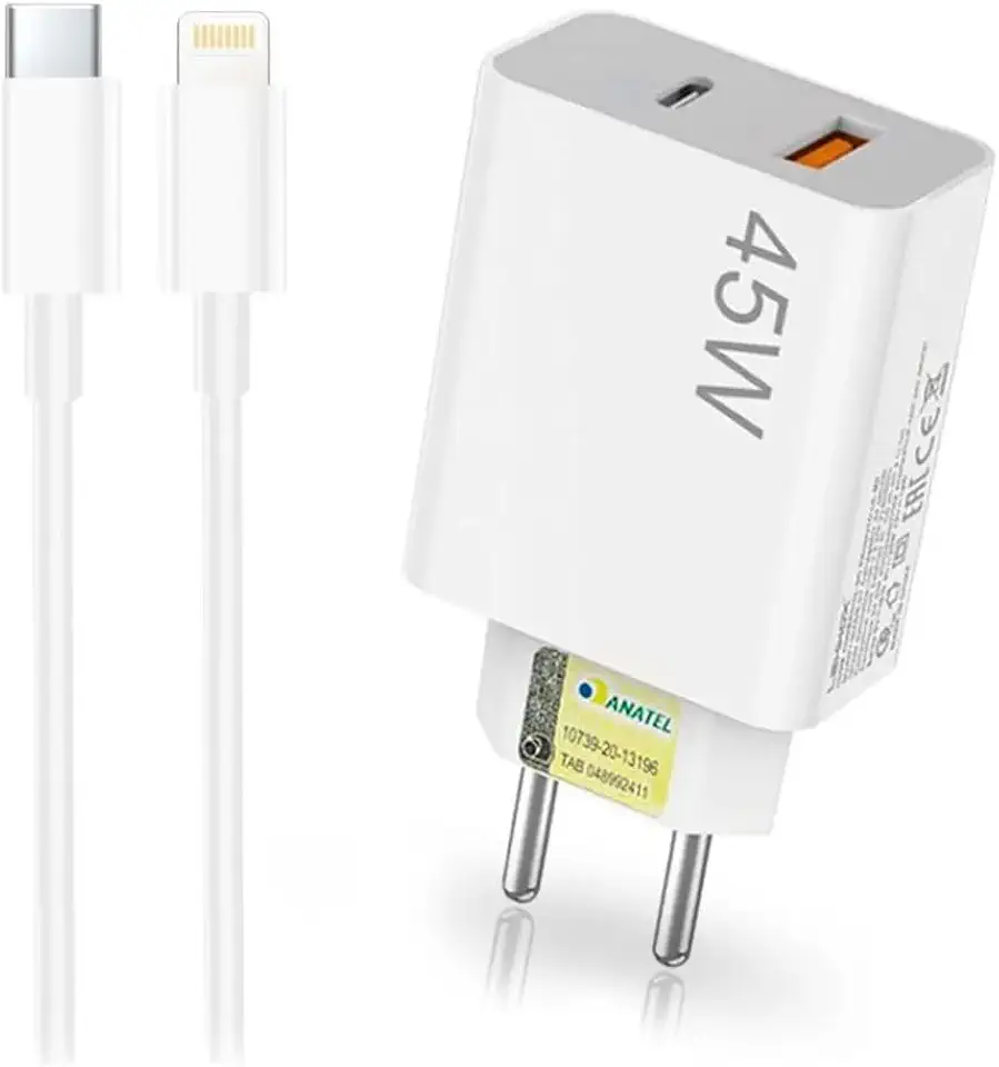 Carregador Turbo 45W Dual Port USB-C e USB-A com Cabo Premium USB-C Compatível com Iphone 8 até 14 e IPad, Homologado Anatel