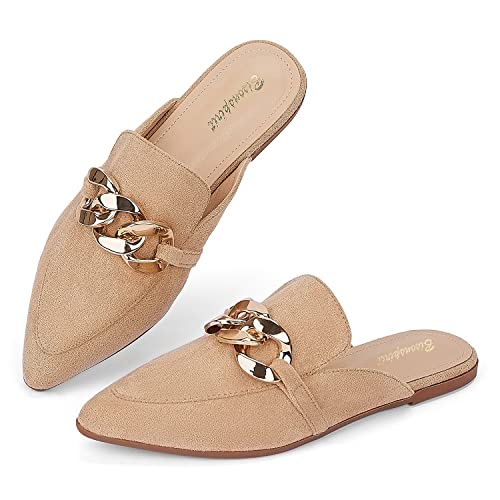 Bison Spirit Mules For Women Flats Pointed Toe Slip On Slides Loafer Shoes (Metal Chain-Brown Suede,8) #TOP18