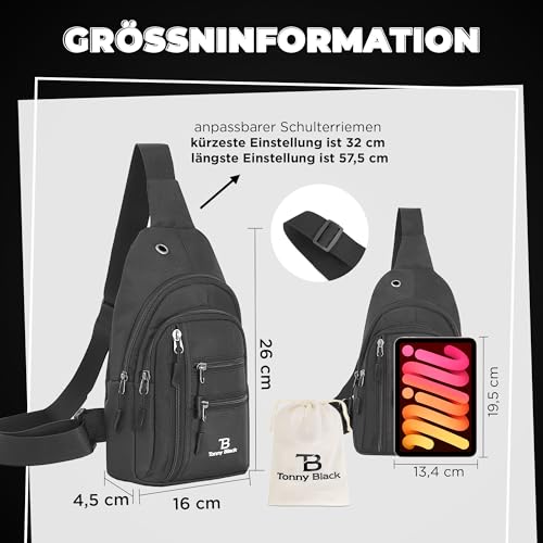 Tonny Black Brusttasche - Wasserdichte Schultertasche, Ultraleicht Umhängetasche mit USB und Kopfhörerausgang, Sling Bag für Herren und Damen, 26x16x4,5 cm, Schwarze