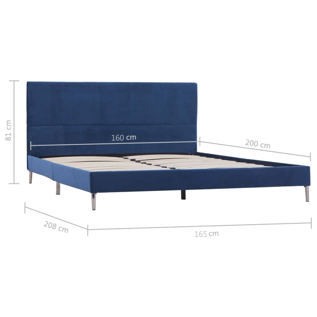 Niebieska rama łóżka z materiału 160 x 200 cm ze stelażem, konstrukcja z drewna i żelaza, eleganckie wzornictwo, trwałe, nadaje się do podwójnego łóżka, łóżko dziecięce, łóżko dla gości, sofa