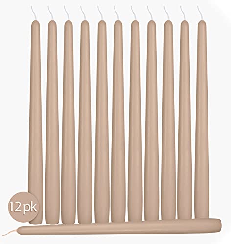 12 Pack Tall Taper Candles - 10 Inch Sahara Beige Dripless, Unscented Dinner Candle - Paraffin Wax With Cotton Wicks - 8 Hour Burn Time #TOP1