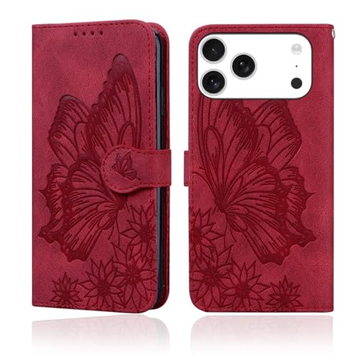 Protection iPhone 16 Pro Max rouge en cuir avec fentes portefeuille