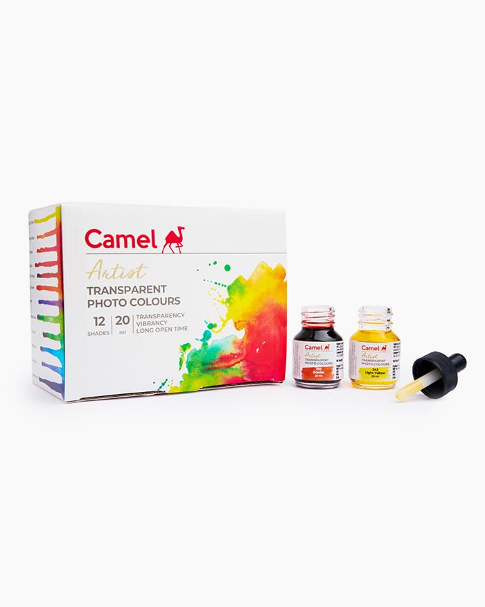 Image of Camel Photo Colours Set of 12 Assorted Shades | Transparent Water-Based Colours for Photo Tinting, Illustration, Glass Painting & Creative Art | Rich Pigmented Smooth Blendable