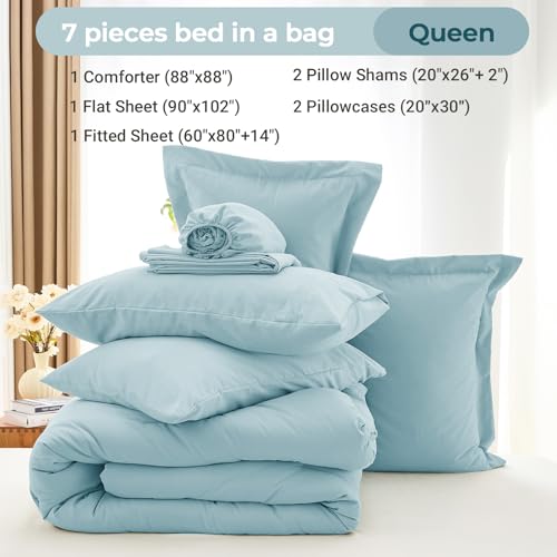 MUXHOMO 7 Pieces Queen Comforter Set, Soft Bed in a Bag Queen Size, All Season Bedding Set with Comforter, Flat Sheet, Fitted Sheet, Pillowcases & Shams, Lake Blue
