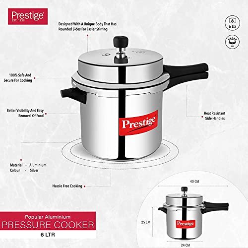 Image of Prestige Popular Aluminium Outer Lid Pressure Cooker, 6 Litres, Silver