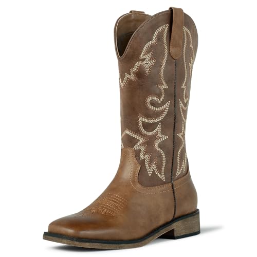 J's.o.l.e Square Toe Cowboy Cowgirl Boots for Woman Mid Calf Ladies Fashion Embroidered Western Botte Cowboy Femme Brown US Size 7