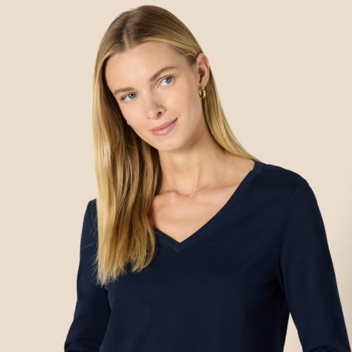 Amazon Essentials Camiseta de Cuello en V, Manga Larga, Corte Regular, 100% Algodón Mujer, Azul Marino, L