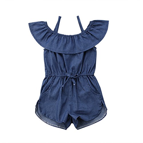 DY coperate Toddler Baby Girls Demin Off Shoulder Ruffled Collar Straped Waistband Bodysuit Romper (Blue, 4-5 Years)